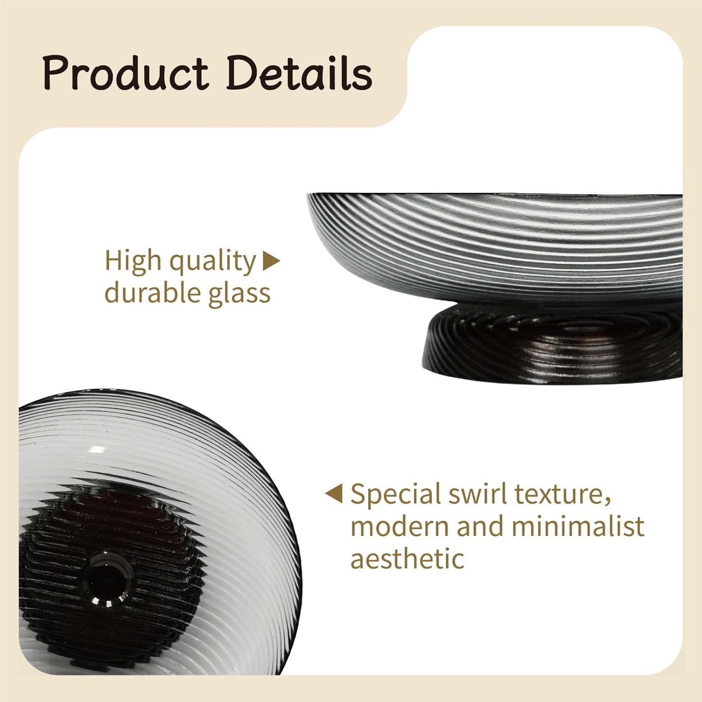 12-Inch Ribbed Glass Serving Bowl with Pedestal, Large Decorative Fruit Bowl, 2.5-Quart Capacity (Smoke Grey)