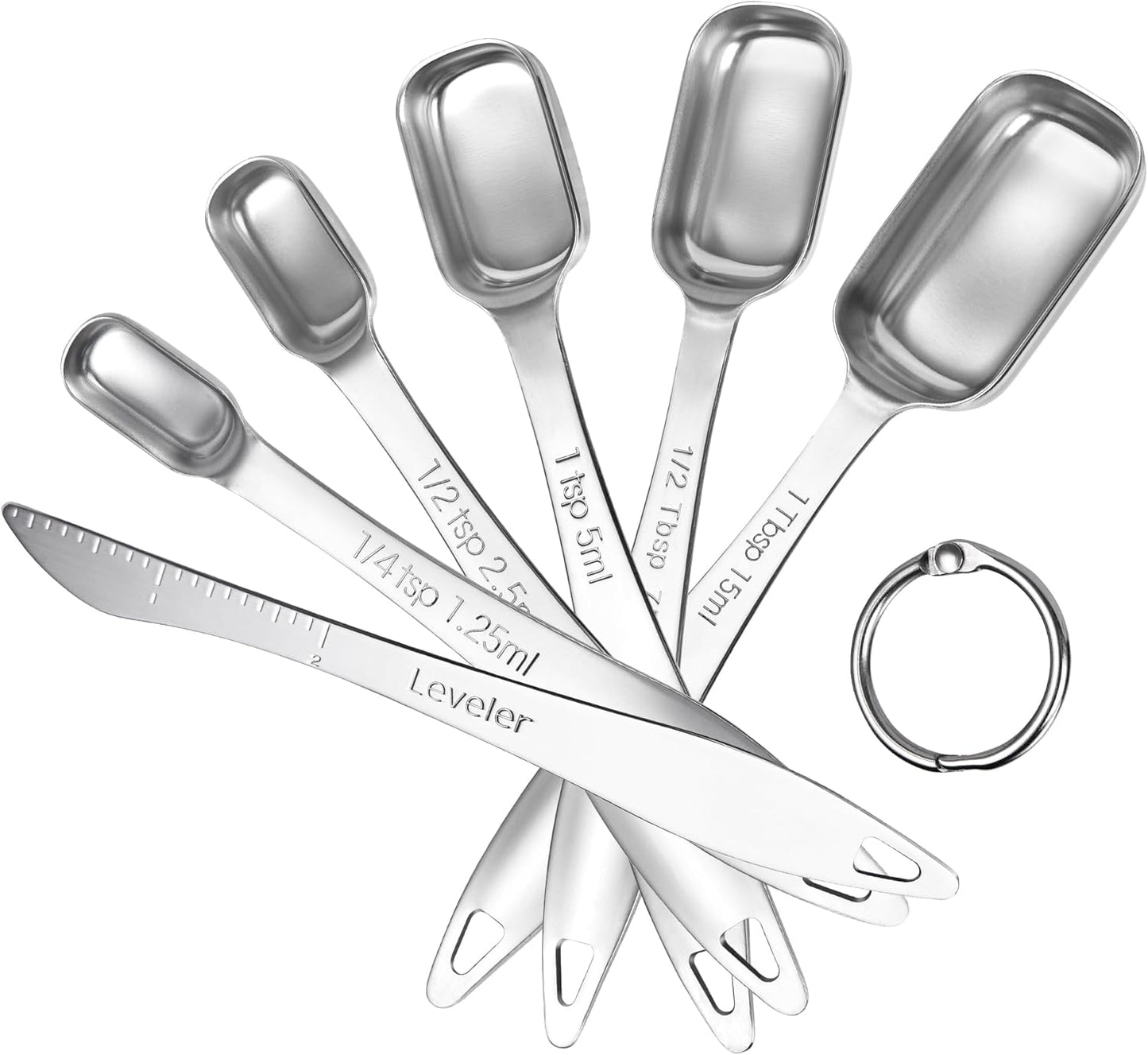 U-Taste Narrow Square Measuring Spoons: 18/8 Stainless Steel Kitchen Measure Teaspoon Tablespoon with Leveler, Polygon Rectangular Metal Jar Scoop for Baking Cooking, Coffee, Spice, Powder (Set of 6)
