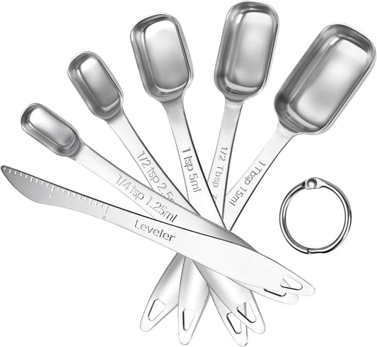 U-Taste Narrow Square Measuring Spoons: 18/8 Stainless Steel Kitchen Measure Teaspoon Tablespoon with Leveler, Polygon Rectangular Metal Jar Scoop for Baking Cooking, Coffee, Spice, Powder (Set of 6)