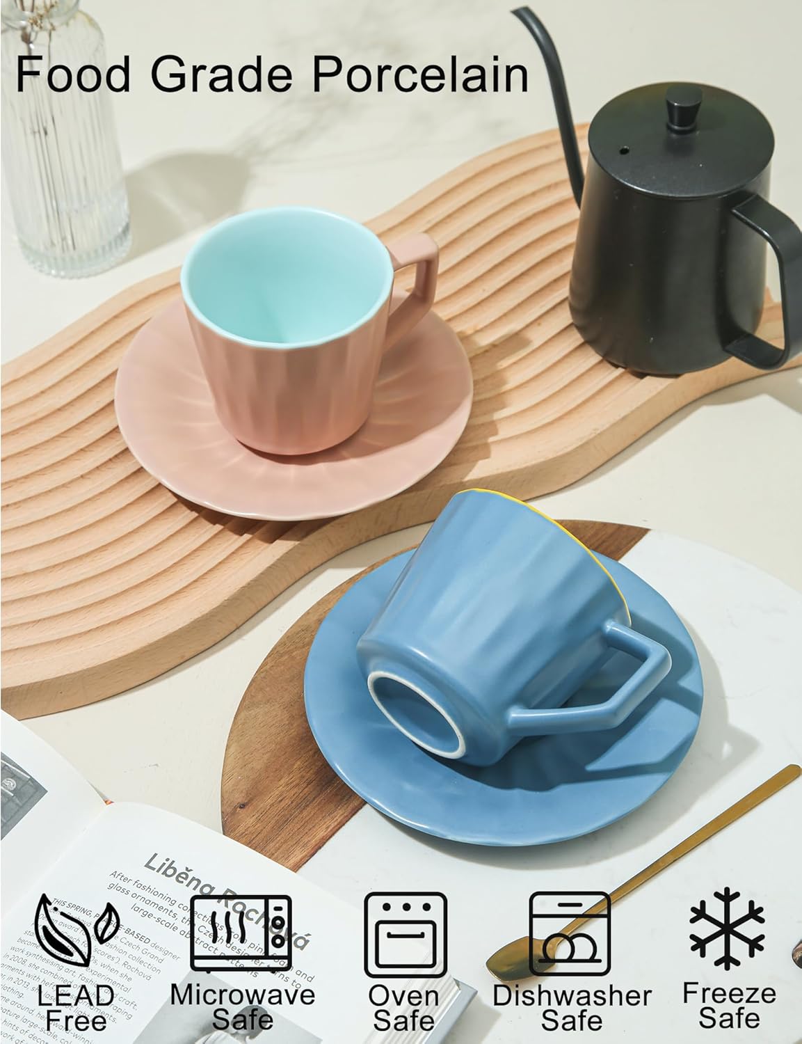 Tea Cups and Saucers, 7.5 OZ Large Espresso Cups Set of 4, Porcelain Coffee Mug and Saucer, Dishwasher & Microwave Safe for Cappuccino, Latte, Mocha, Tea Party, Birthday Gift