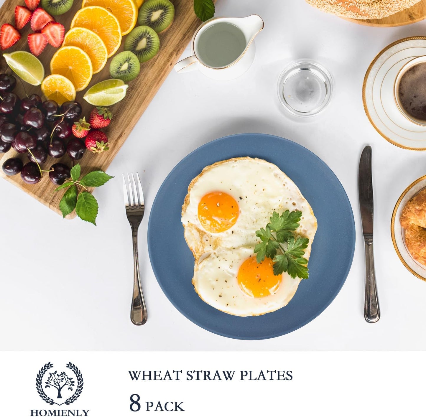 Homienly Flat Dinner Plates Set of 8 Alternative to Plastic Plates Microwave and Dishwasher Safe Wheat Straw Plates for Kitchen Unbreakable Plates for Camping, Salad(Blue, 10 inch)