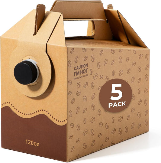 Fit Meal Prep 5 Pack 120 oz Disposable Coffee Dispensers with Handle, Insulated to Go Storage Containers, Portable Coffee Box Cold Hot Drink Dispenser Bulk for Party, Catering, Office, Take Out