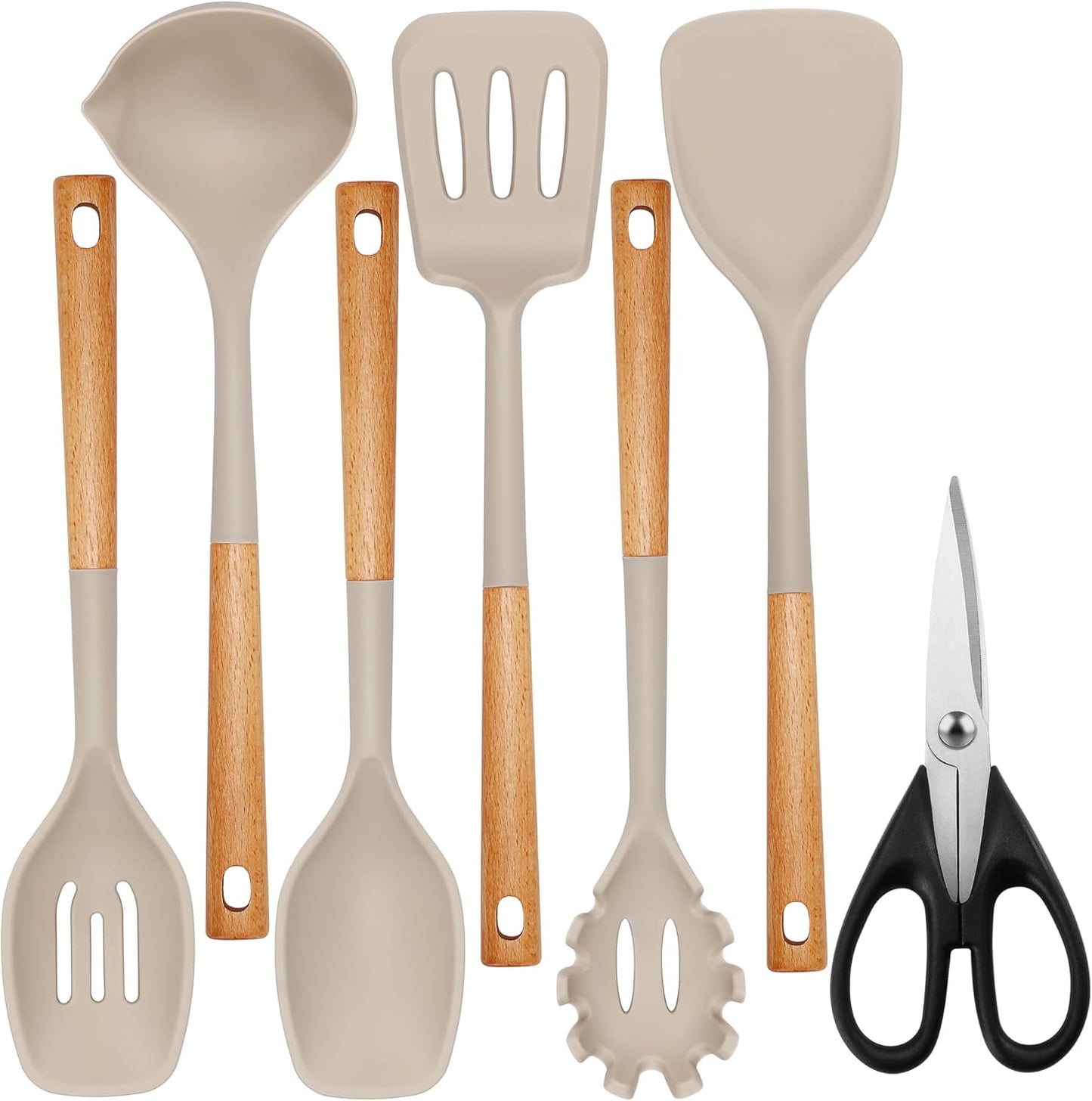 QMVESS Silicone Cooking Utensils Set, Kitchen Utensils Set 7 Pcs with Long Wooden Handle, Food Grade and Heat Resistant Large Silicone Spatula Set for Nonstick Cookware, BPA Free（Khaki）