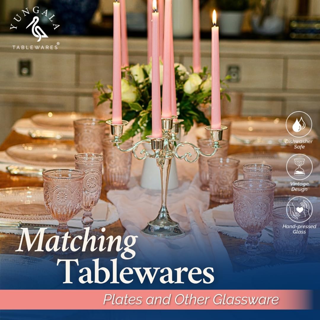 Yungala Pink Glass Cups, set of 6 pink drinking glasses for lovers of vintage pink glassware. Perfect as juice glasses or water glasses for the dining table.