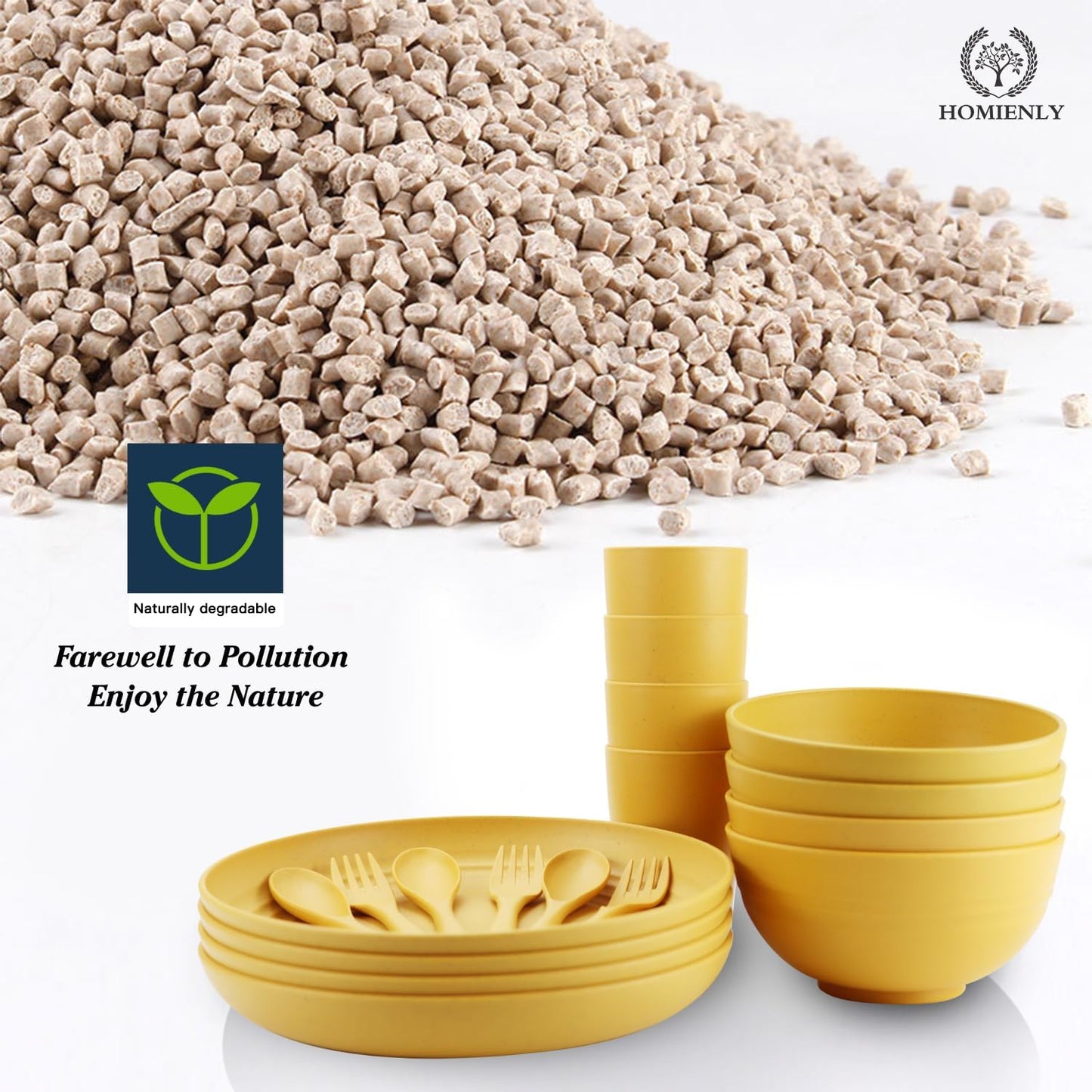 Wheat Straw Dinnerware Sets, Homienly 20pcs Unbreakable Microwave Dishwasher Safe Tableware Lightweight Bowls, Cups, Plates Set Reusable Dinner Plates Bowls set (Yellow)