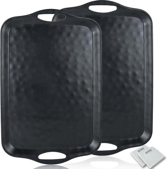 Extra Large Serving Tray with Handles, 20x13 inch, Set of 2 Melamine Platters for Serving Food, Turkey, Cookie, Rectangular Trays for Eating, Raised Dots Matt Finished, Dishwasher Safe, Black
