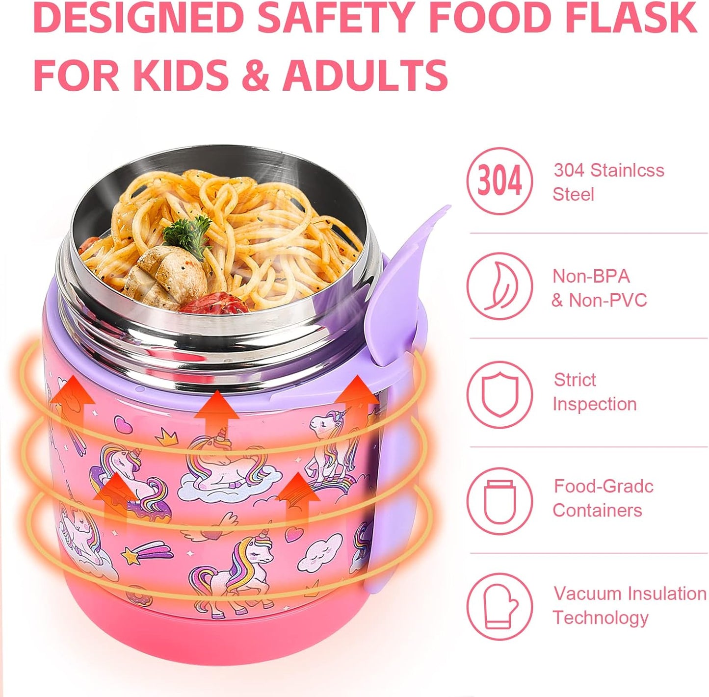 10oz Soup Thermo for Hot Food Kids Insulated Food Jar,Thermo Hot Food Lunch Container, Width Mouth Stainless Steel Lunch Box for Kids with Spoon (Pink-Cute Horse)