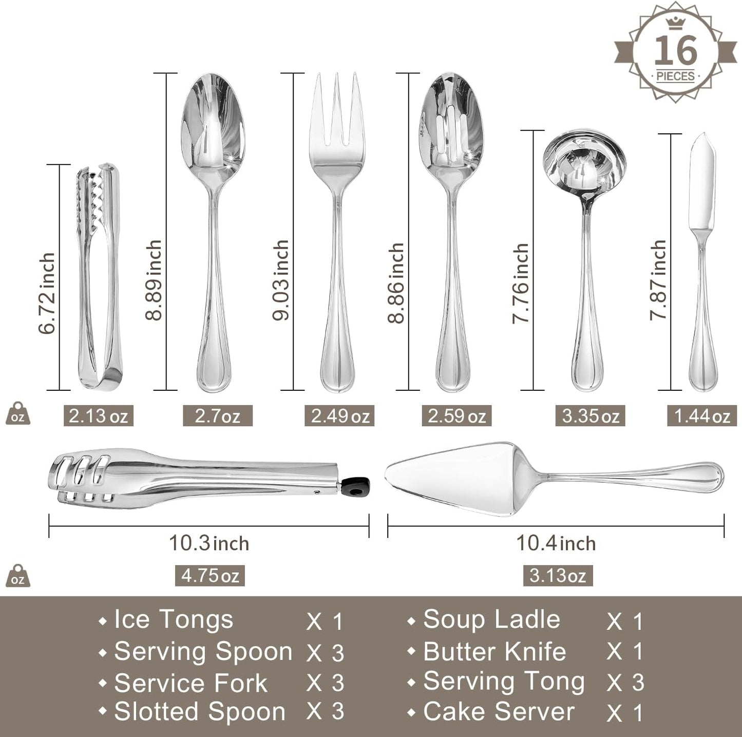 KINGSTONE 16 Piece Teardrop Serving Utensils Set, 18/10 Stainless Steel Serving Utensils, Slotted Spoons, Forks, Tongs, Cake Server, Butter Knife for Buffet, Catering, Wedding, Party