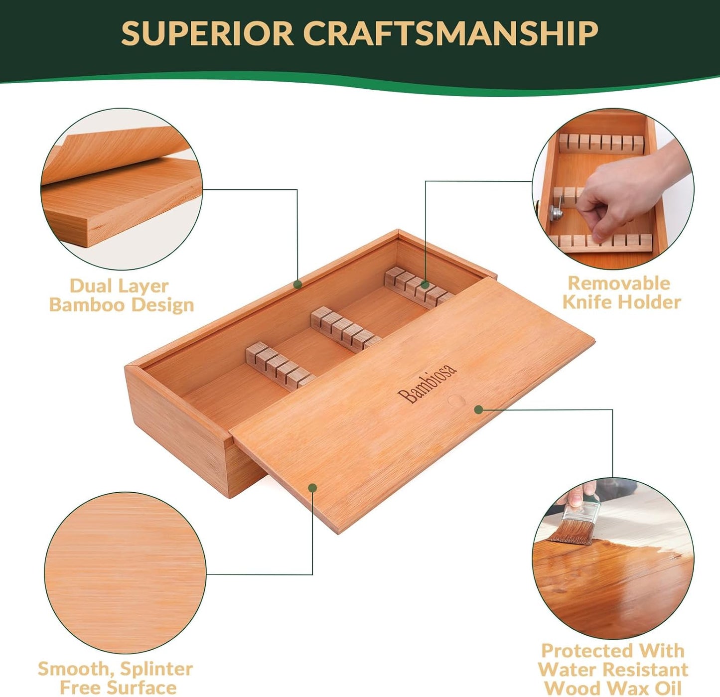 Kitchen Drawer Knife Organizer, Kid Safe Combination Lock Knife Drawer Organizer, Double Layer Bamboo Board, Includes Bamboo Tongs and Cleaning Cloth (Knives Not Included)