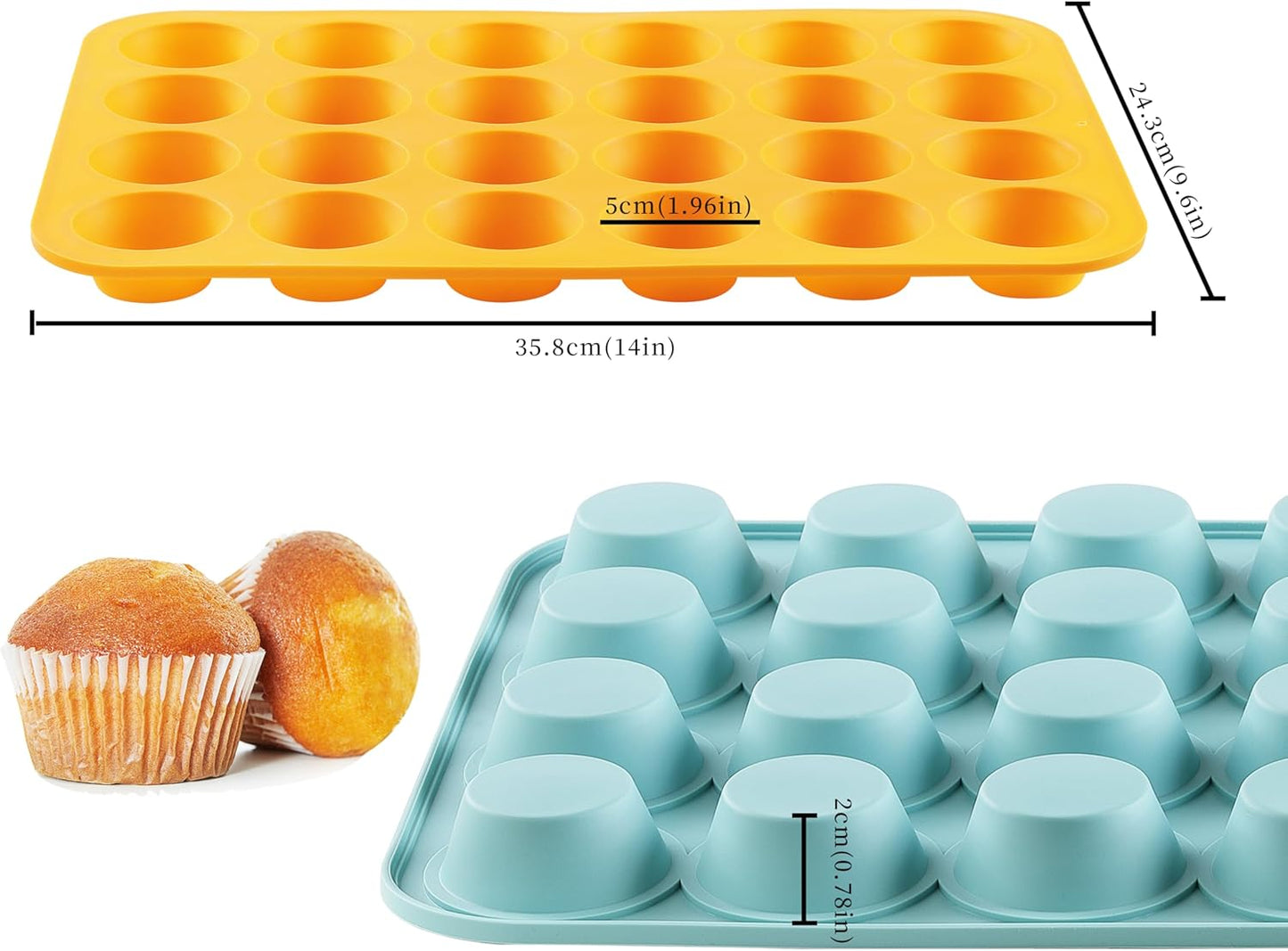 2PCS Silicone Mini Muffin Pan, 24 Cups Nonstick Mini Cupcake Pan for Baking, BPA Free and Dishwasher Safe, Great for Making Muffin Cakes, Tart, Bread and Egg Bites