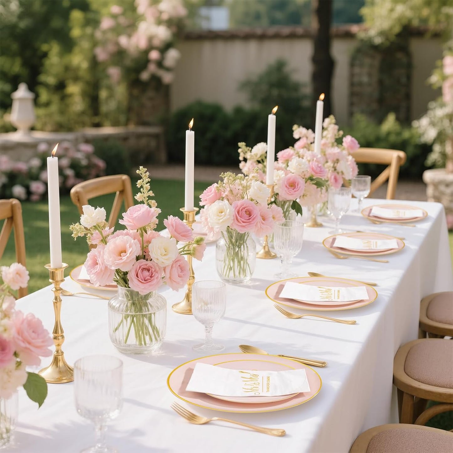 I00000 Mr and Mrs Wedding Pink Plastic Plates and Napkins Set,Bridal Shower Plates Set for 25 Guests Include 25 Dinner Platos,25 Dessert Platos,25 Cups,25 Napkins,25 Cutlery for Engagement Party Decor