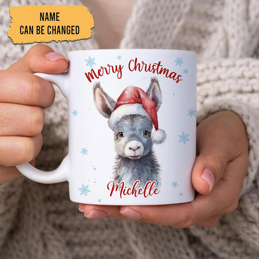 Hyturtle Personalized Gifts Donkey Lover - Donkey Wearing Santa Hat Custom Name Ceramic Coffee Mug Cup 11oz - Cute Animal Lovers Gifts For Women, Girl kids Family On Birthday, Christmas