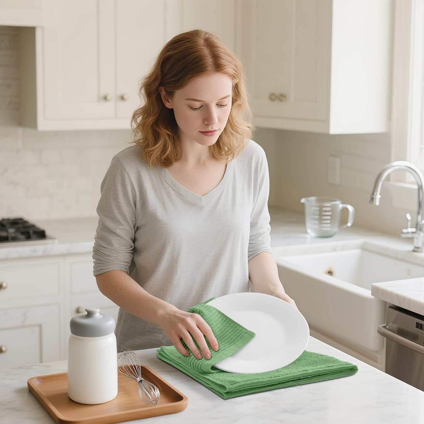 Homaxy Premium Kitchen Towels (18"x 28", 8 Pack), Large 100% Cotton Kitchen Hand Towels, Ultra Absorbent Ribbed Terry Tea Towels Set with Hanging Loop, Grass Green