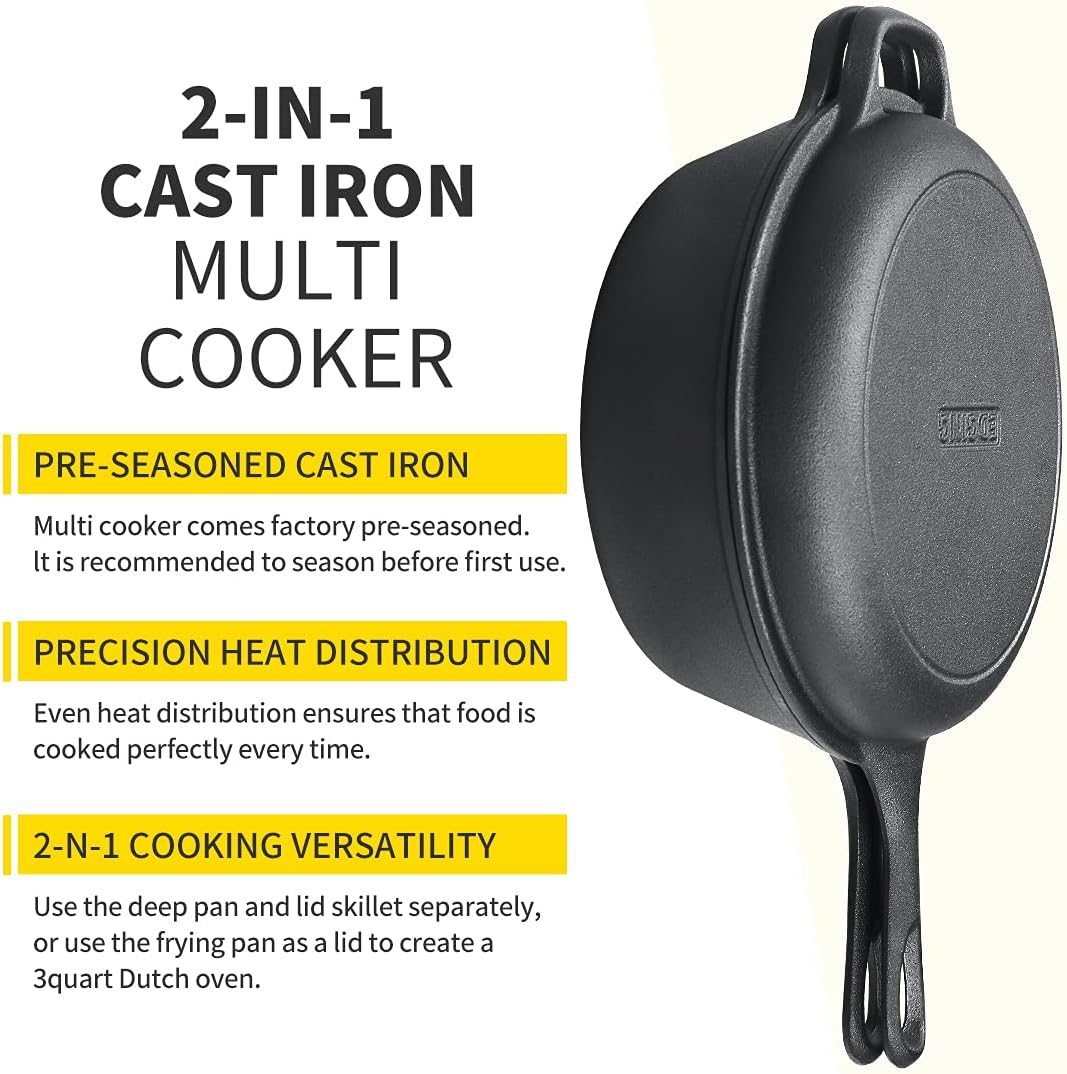 2-in-1 Pre-Seasoned Cast Iron Dutch Oven Pot with Skillet Lid Set, 10" Skillet 3QT Pot for Cooking, Baking, Frying and Camping