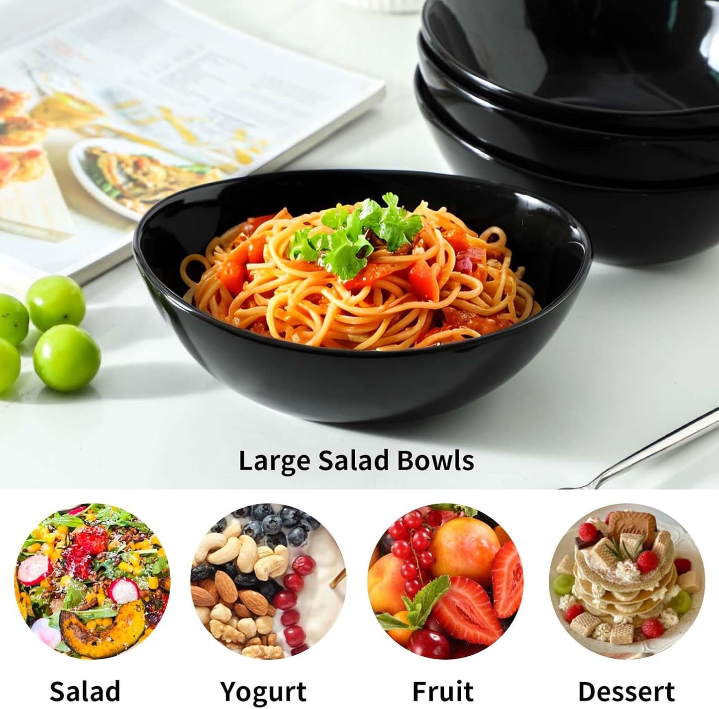 Hasense Serving Bowls, 28 oz Salad Bowls Porcelain Serving Dishes Set of 4 for Salads，Cereal,Soup,Pasta, Microwave and Dishwasher Safe, Black