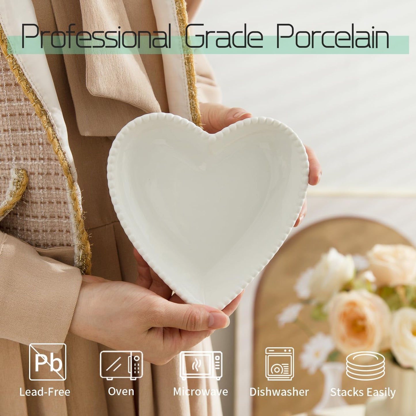 OMAYKEY 6.3 Inch Ceramic Dessert Plates Set of 10, Small Salad Plates, Porcelain Heart Shaped Appetizer Plates, Dinner Plates for Cake, Snack, Ice Cream, Microwave, Oven, Dishwasher Safe, White