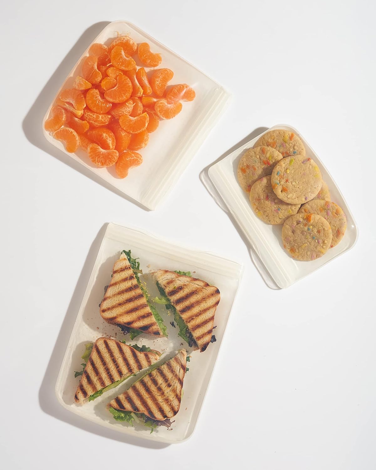 W&P Porter Silicone Reusable Storage Bags, Flat Variety 3 Pack (10oz, 34oz, 46oz), Cream, Food Storage Container, Microwave and Dishwasher Safe, Easy Cleaning