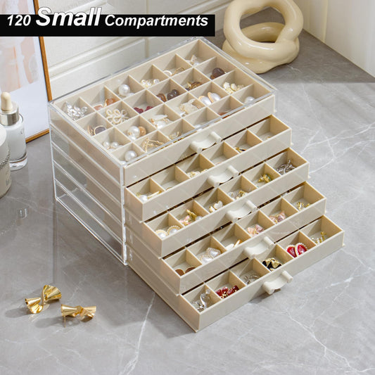 Earring Storage Box Organizer, Acrylic Jewelry Storage Box Holder 5 Drawers Transparent Jewelry Display Stand with 120 Small Compartments Gift Boxes for Women Girls (Beige)