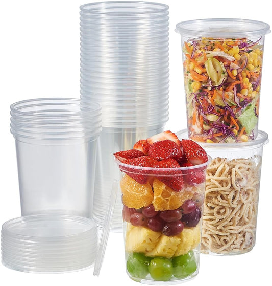 [42 Sets - 32 oz. Plastic Deli Food Storage Soup Togo Containers With Airtight Lids Clear Disposable Takeout Quart Container (Formerly FULING)