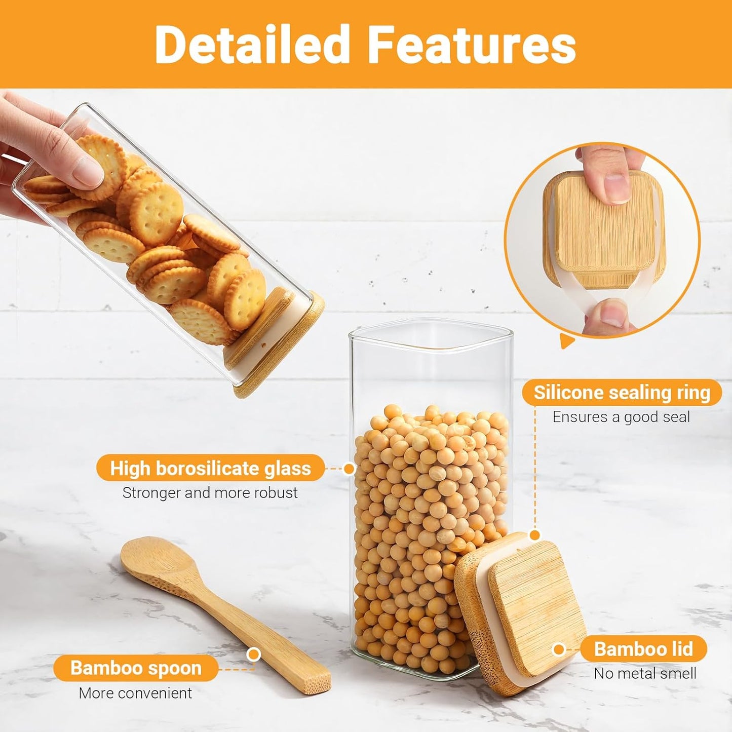 Glass Jars with Bamboo Lids, 2 Pack 13 Fl.oz Square Glass Canister with Airtight Lids, Clear Spice Jars Sugar Coffee Containers for Tea, Candy, Oats - Included Labels, Spoon and Marker