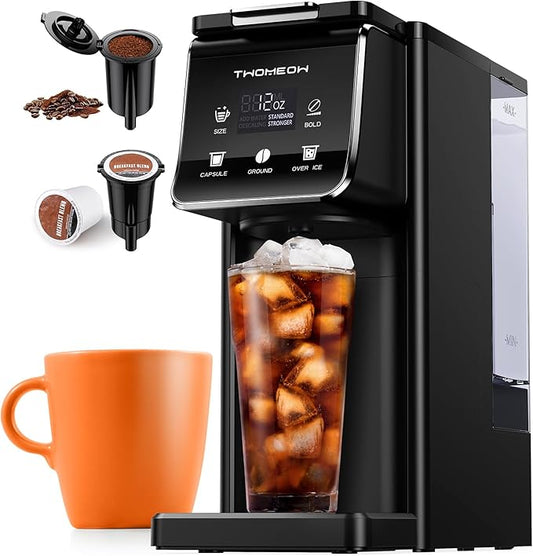 Coffee Maker Hot & Iced With Bold Setting,Single Serve Coffee Maker For K Cup And Grounds,52 Oz Removable Water Tank,6-14 Oz Brew Sizes,One Cup Kcup Coffee Machine With Reusable Filter,(Black)