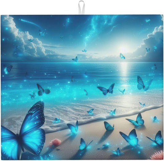 Blue Butterfly Beach Dish Drying Mat 16x18 Inch, Microfiber Absorbent Fast Dry Mat Large Dish Mat Drying Kitchen Mat, Kitchen Drying Pad for Kitchen Counter Coffee Bar Decor Gifts