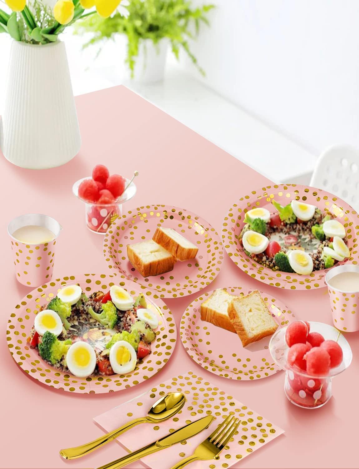 141 Pieces Pink Gold Party Supplies, Party Dinnerware Sets Include Paper Plates Napkins Cups Silverware, for Wedding Bridal Shower Engagement Birthday Parties Decoration -20 Serves
