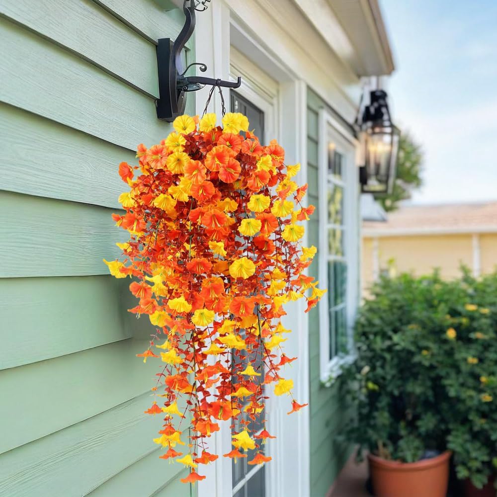 Jasion 4 Bundles Artificial Hanging Flowers Outdoor Realistic Morning Glory Silk Fake Plants UV Resistant for Porch Balcony Fence Decor (Fall Color)