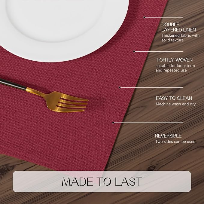 Romanstile Cloth Placemats Set of 8-12 x 18 Inch, Heat Resistant Double Layered Thickened Burlap Christmas Place Mats, Washable Faux Linen Farmhouse Table Mats for Kitchen/Dining/Party/Outdoor, Red
