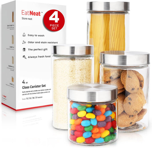 EatNeat 4-Piece Sleek Glass Canister Set with Brushed Stainless Steel Lids – Giftable, Durable Storage Containers for Countertop Use – Dishwasher-Safe Jars in Various Sizes for Pantry & Kitchen