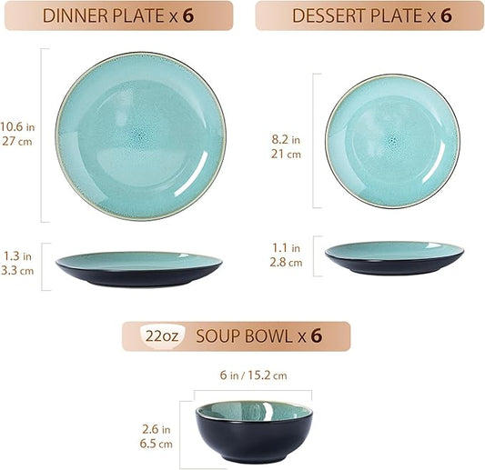 Plates and Bowls Sets for 6 - CJDC-QUELO 18-Piece Stoneware Dinnerware Sets, Ceramic Dishware Set for Indoor Kitchen Use and Formal Dining, Chip and Scratch Resistant Microwave Dishwasher Safe, Green