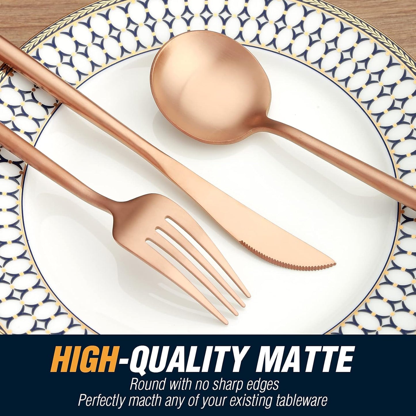 BirdyFly Matte Rose Gold Silverware Set, 20 Piece Stainless Steel Flatware Set Service for 4, Matte Rose Gold Cutlery Set, Include Knives/Forks/Spoons, Dishwasher Safe