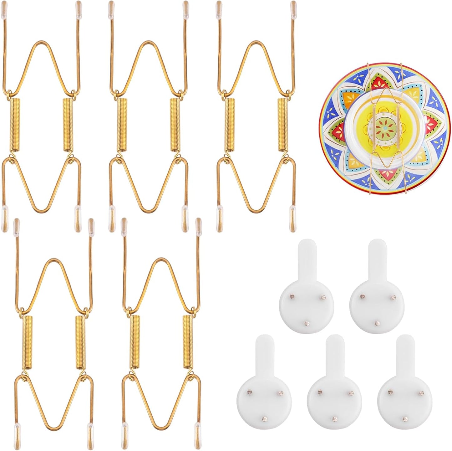 5 Pack Plate Hangers for The Wall Suitable for 4-5 inch Small Decorative Plate, Invisible Stainless Steel Plate Hangers for Display with Wall Hooks, for Plates/Platter/Dish/Picture(Gold)
