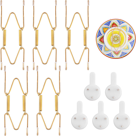 5 Pack Plate Hangers for The Wall Suitable for 4-5 inch Small Decorative Plate, Invisible Stainless Steel Plate Hangers for Display with Wall Hooks, for Plates/Platter/Dish/Picture(Gold)