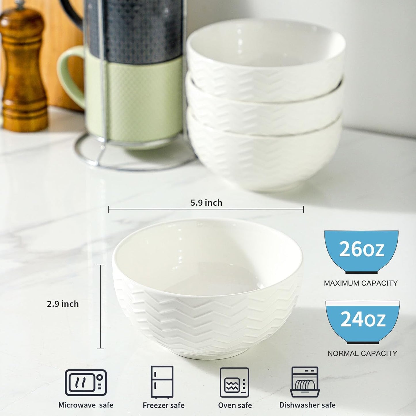 Hasense Soup Bowls 20 OZ, Ceramic Bowls Set of 4 for Kitchen, Stoneware Porcelain Cereal Bowls for Soup, Cereal, Oatmeal, Fruit, Salad, Noodle and Rice, Microwave Dishwasher Safe, White