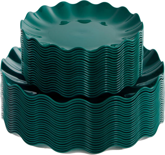 LIYH 50 Pcs Dark Green Plastic Plates Reusable Christmas Plastic Plates Green Christmas Plate Unbreakable Holiday Dinnerware Set Fancy Scalloped Plate Dishwasher Safe BPA Free (25Guests)