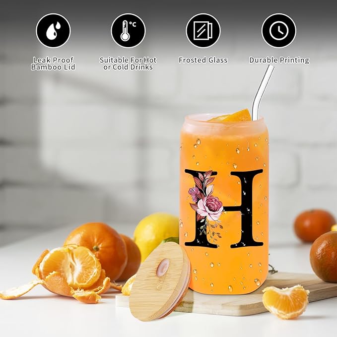 Monogrammed Glass Drinking Cup With Lid Straw Brides Gifts for Her Wedding Day Bridal Shower Bachelorette Party Engaged Engagement Cute Personalized Unique Cool Special Customized Best Present,H