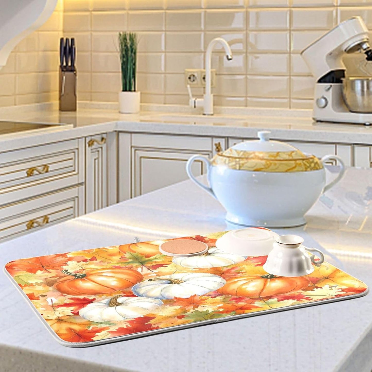 Watercolor Pumpkins Autumn Leaves Dish Drying Mat for Kitchen Counter Super Absorbent Dishes Pad Reversible Microfiber Protector Dish Draining Mats 18x24 inch