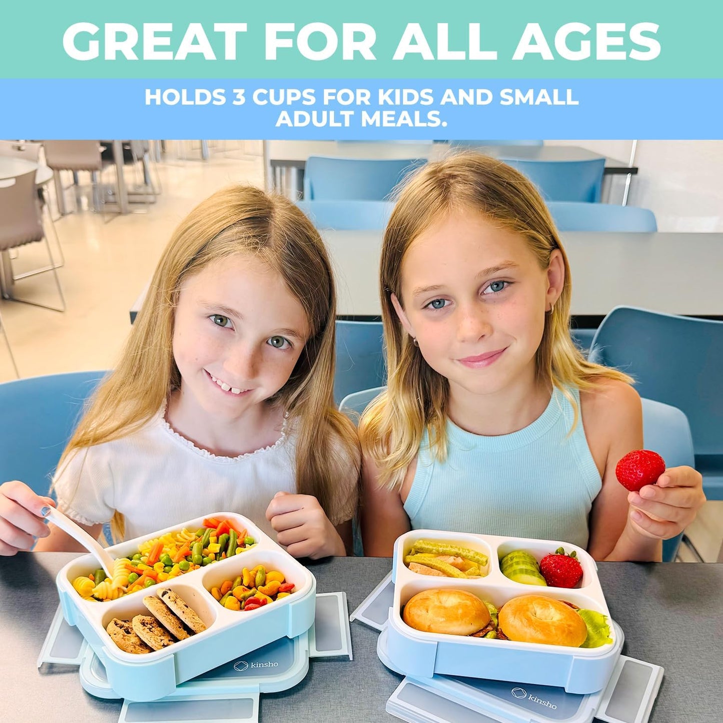 Medium Bento Box for Kids, Lunch-Box Snack Container for Boys Girls Toddler Baby Daycare Pre-School, Leakproof 3 Divider Containers for Lunches Snacks (Pastel Blue +Teal 2 pack)
