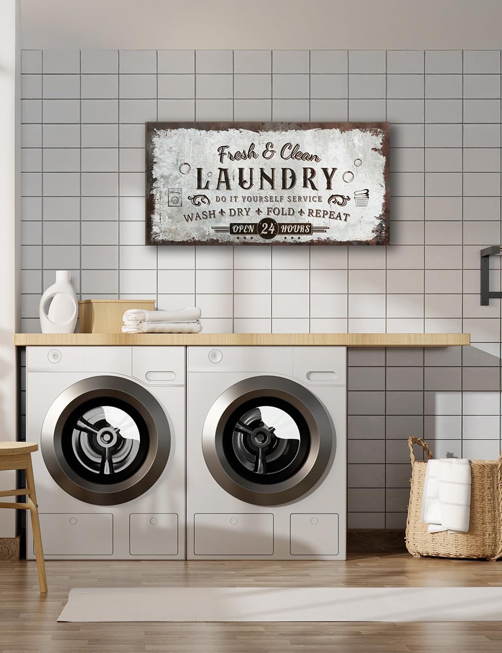 IPIC - Rustic Laundry Sign Wash Dry Fold Repeat, Canvas Print Wall Art for Family Laundry Room, Farmhouse Style Wall Decor For Home Decoration
