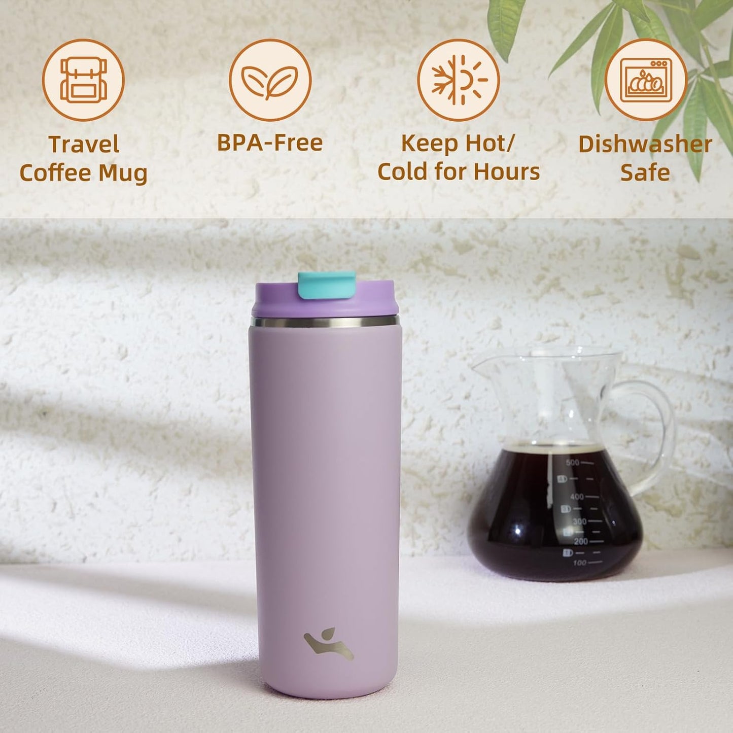 Tumbler with Lid, 16 oz Travel Coffee Mug Double Wall Vacuum Stainless Steel Thermal Metal Cup Insulated Water Bottle,Lavender