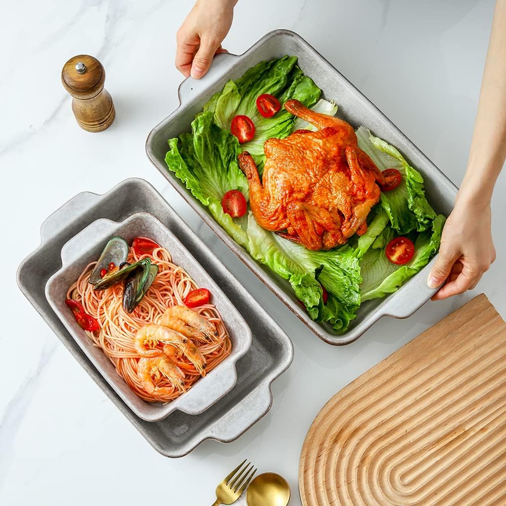 Bakeware Set, Ceramic Baking Dish Set, Rectangular Casserole Dish Set, lasagna Pan, Baking Pans Set for Cooking, Cake Dinner, Kitchen, 9 x 13 Inches, Reactive Glaze 3-Piece (Variable Grey)