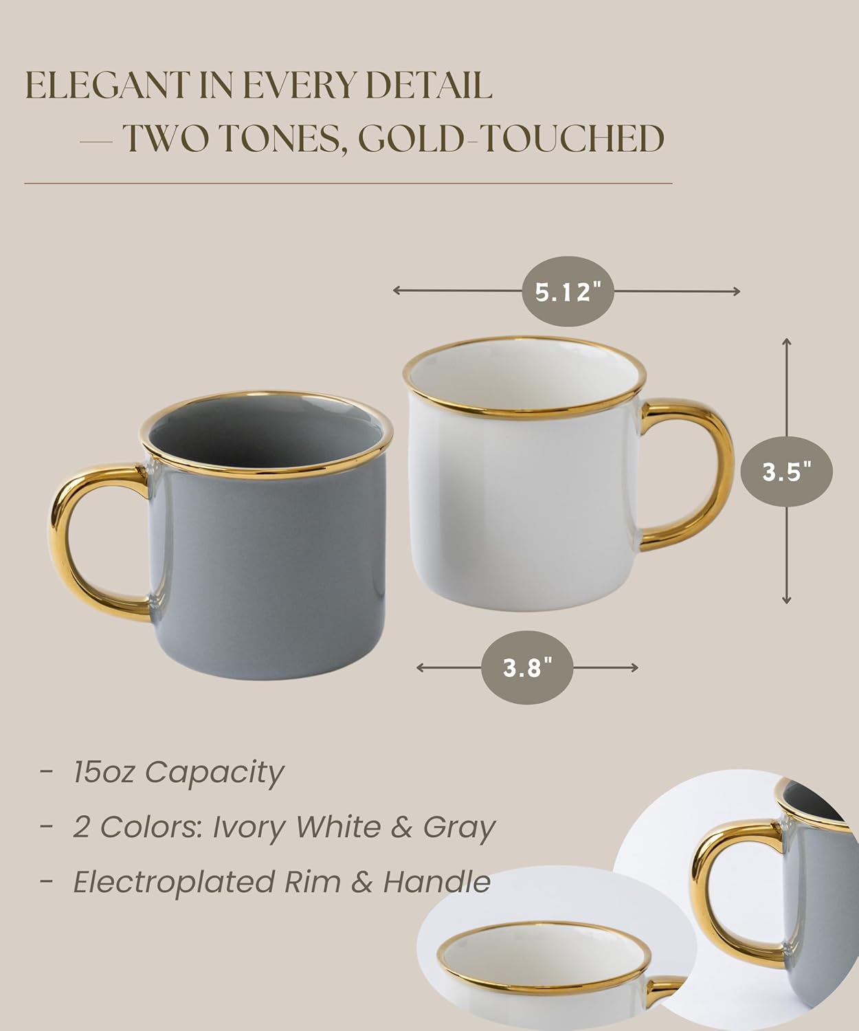 Stoneware Electroplated Mug Set of 4-15oz Ceramic Coffee & Tea Cups with Gold Handle - Perfect for Hot & Iced Drinks - Dishwasher Safe - Modern Chic Design - Ivory White & Gray - Ideal Gift