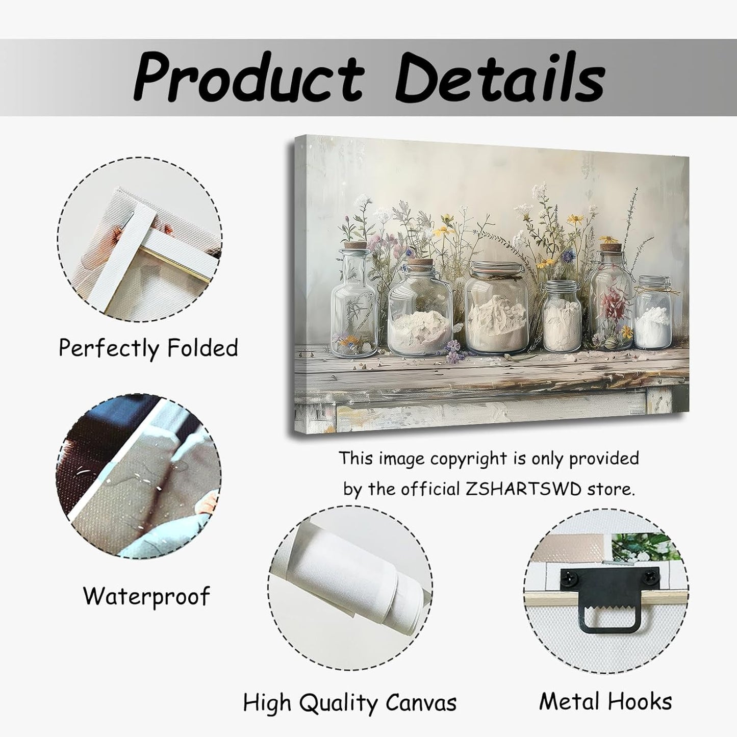 ZSHARTSWD Farm Kitchen Wall Art Country Mason Jar Spice Pictures Still Life Culinary Canvas Print Vintage Spices Food Painting Dining Room Home Decor Framed (White, 12.00" x 18.00")