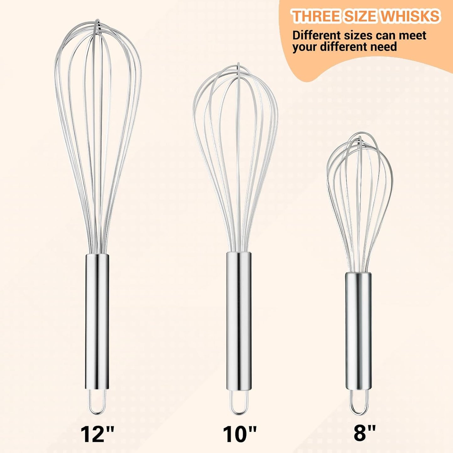 Metal Whisks for Cooking Stainless Steel Whisk Set 3 Pack Wisking Tool Balloon Wisk 8" 10" 12" Wire Whisk for Baking, Whisking, Mixing, Blending