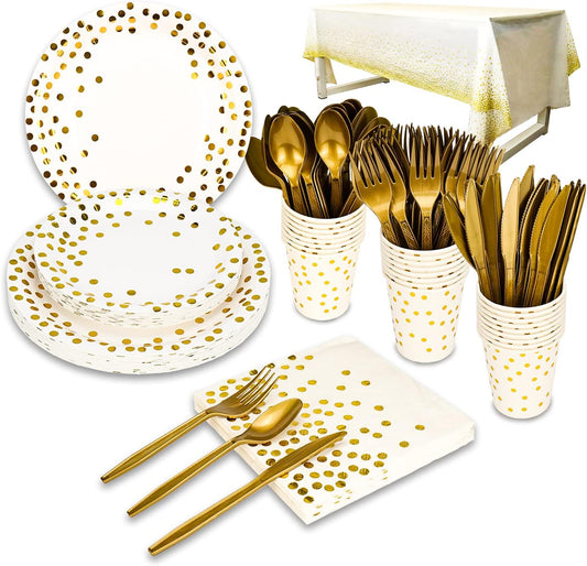 176 Pieces Gold Disposable Party Dinnerware Set &Golden Dot Disposable Party Dinnerware - Black Paper Plates Napkins Cups, Gold Plastic Forks Knives Spoons