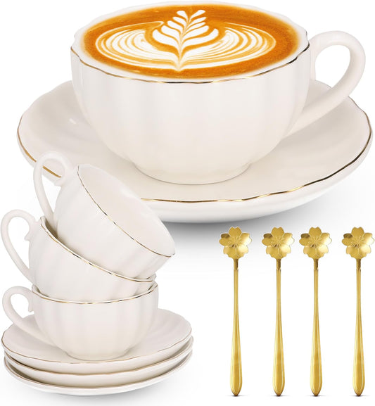 8oz Cappuccino Cups Set of 4 – Porcelain Gold Rimmed White 4 Cappuccino Cup and Saucer Set & Gold Spoons, Latte Cups, Coffee & Tea Mug and Saucer Set