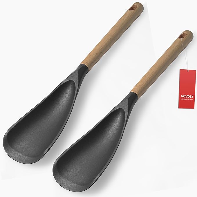 Cooking Spoon Set for Nonstick Cookingwares with Lengthed Wooden Handle, VOVOLY Silicone Spatula Spoon for Mixing, Scoop, and Scrape, Black, 13.4'', 2-Pack