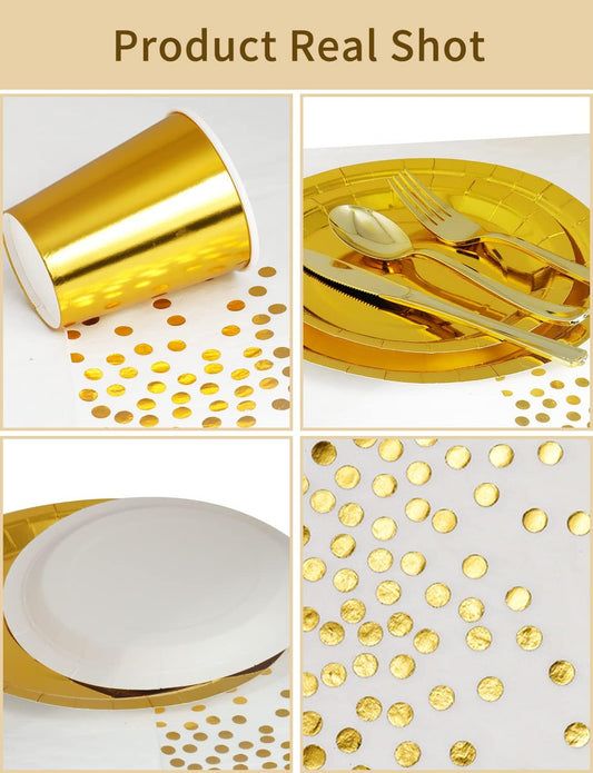 141 Pieces Gold Party Supplies, Party Dinnerware Sets Include Paper Plates Napkins Cups Silverware, for Wedding Bridal Shower Engagement Birthday Parties Decoration -20 Serves