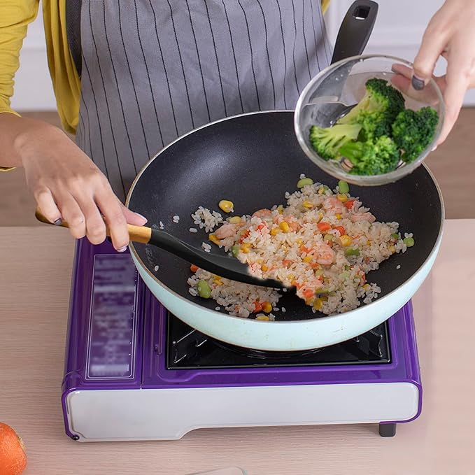 VOVOLY Cooking Spoon for Nonstick Cookingwares, Silicone Spatula Spoon for Mixing, Scoop, and Scrape, (Black-2 pack, 11.4'')